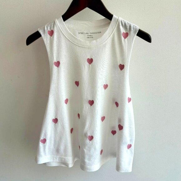 Spiritual Gangster White Embroidered Hearts Raw Edge Crop Tank Top - Picture 1 of 6